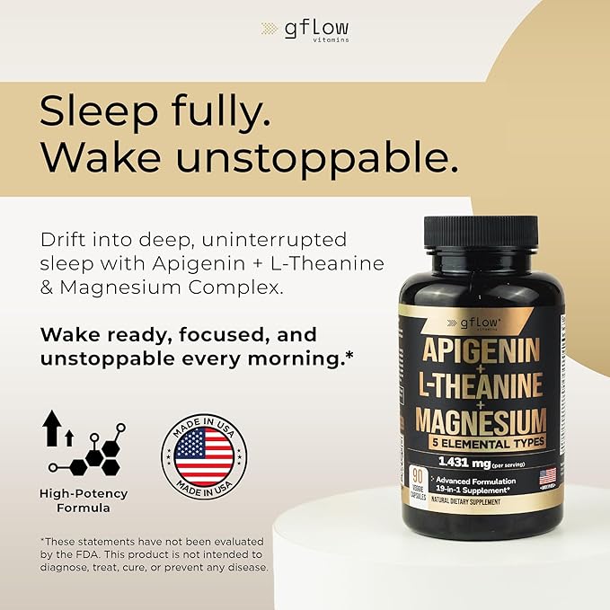 Apigenin Supplement for Sleep with Magnesium Glycinate Complex and L-theanine Supplement - 19 in 1, Ashwagandha L Tryptophan 5-HTP GABA Phosphatidyl Serine, Chamomile | Made in USA