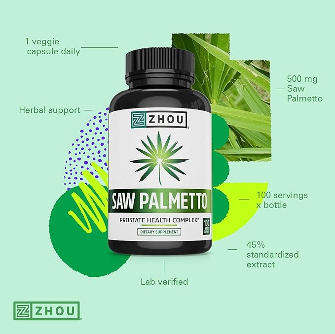 Zhou Saw Palmetto 500 mg | For Prostate Health | Healthy Urination Frequency & Flow | 100 Capsules