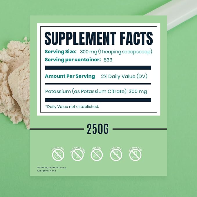 Potassium Citrate Supplement – 250g Pure Powder for Muscle & Electrolyte Support – USA Made, Non-GMO & Gluten Free – Potassium Supplement 300mg Per Serving