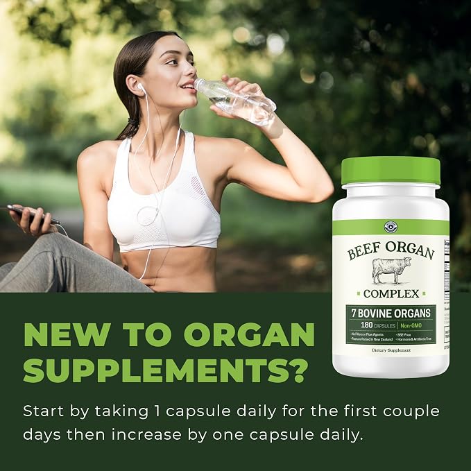 Beef Organ Supplement Grass Fed - 7 Beef Organs Complex from New Zealand - Liver Heart Pancreas Kidney Lung Spleen Bone Marrow - Non-GMO, No Fillers, Hormone & Antibiotic Free - Carnivore Diet - 180ct