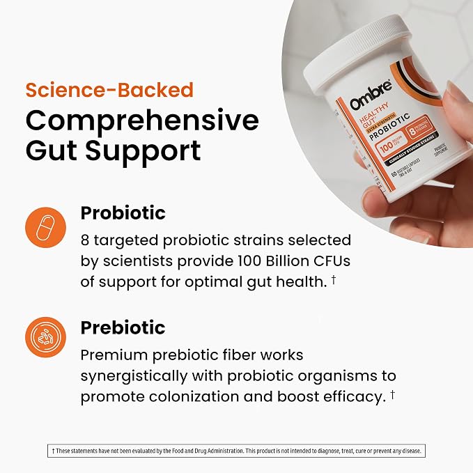 Ombre Healthy Gut Probiotics for Digestive Health 100 Billion CFU - Prebiotics and Probiotics for Women & Men with Lactobacillus Acidophilus & Digestive Enzymes, Gut Health Support, Vegan, 30 Servings