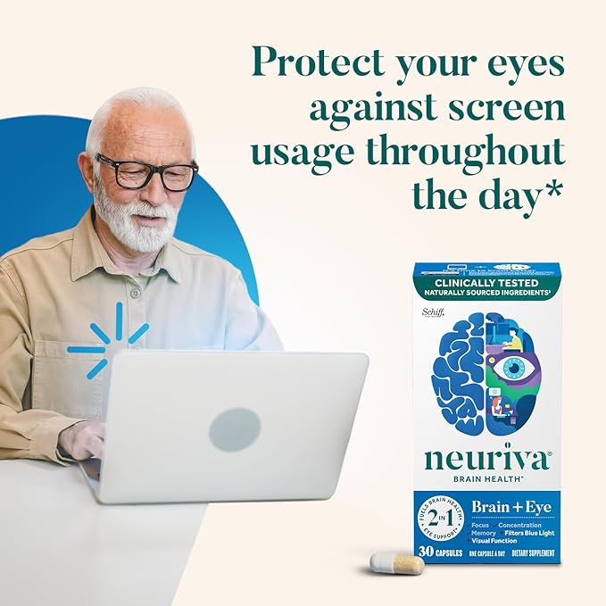 NEURIVA Brain + Eye Supplement for Memory, Focus & Concentration with Lutein & Vitamins A C E and Zinc for Eye Health & Zeaxanthin to Filter Blue Light, 30ct Capsules, (Pack of 2)
