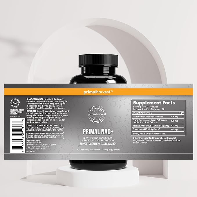 Primal Harvest NAD+ Supplement: Nicotinamide Riboside, Trans-Resveratrol, Betaine, CoQ10, NAD Supplements for Cellular Health, Energy, and Mitochondrial Support (60 Count (1 Pack)