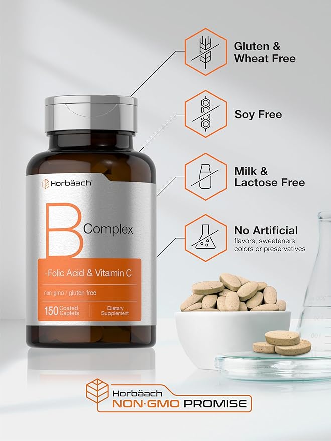 Horbaach B Complex Vitamins for Women and Men | 150 Caplets | with Folic Acid & Vitamin C | Non-GMO & Gluten Free Supplement