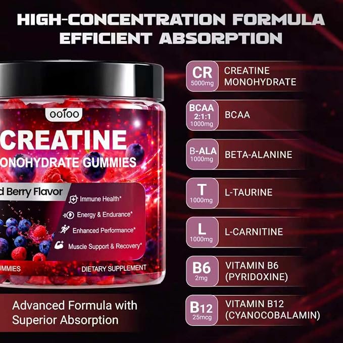 ooioo Creatine Monohydrate Gummies for Men & Women – Boost Focus, Stamina & Muscle Growth – Sugar Free, Vegan, with L-Taurine, BCAA 2:1:1, B12 & B6 – Mixed Berry Flavor – 120 Gummies