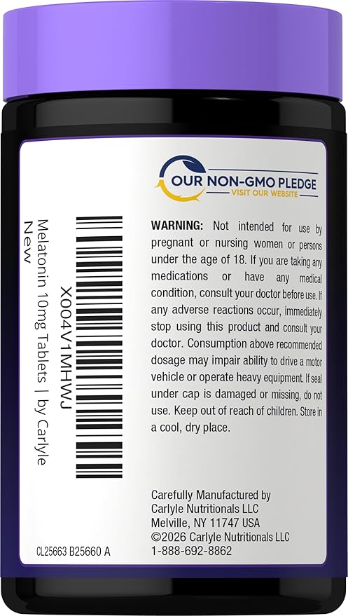 Carlyle Melatonin 10mg | 180 Time Release Tablets | All Night Support | with Vitamin B6 | 100% Drug Free Supplement | Vegan, Non-GMO, Gluten Free