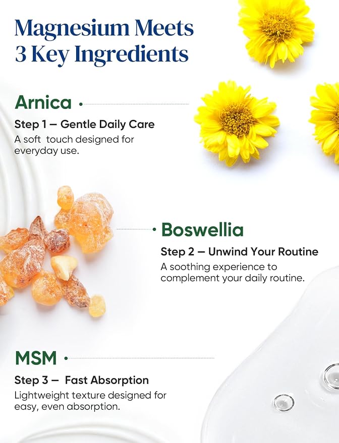 Magnesium Lotion with Arnica, MSM & Boswellia – Cooling Magnesium Cream – Lightweight Moisturizing Lotion for Legs & Feet – Safe for Kids – 6 fl oz