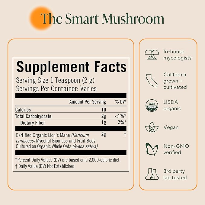 Om Lion’s Mane Mushroom Powder - Organic Mushroom Supplement and Nootropic - Support Memory, Focus and Nerve Health, 3.5 oz (50 Servings)