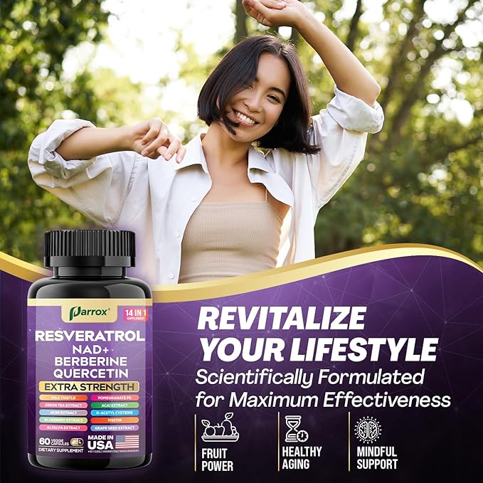 Resveratrol Supplement with Milk Thistle, NAD, Berberine, Quercetin, Fisetin, Pomegranate, Green Tea, Noni, Acai, Blueberry, Grape Seed Extracts, N-Acetyl Cysteine, 14-in-1 Extra Strength (120 Caps)
