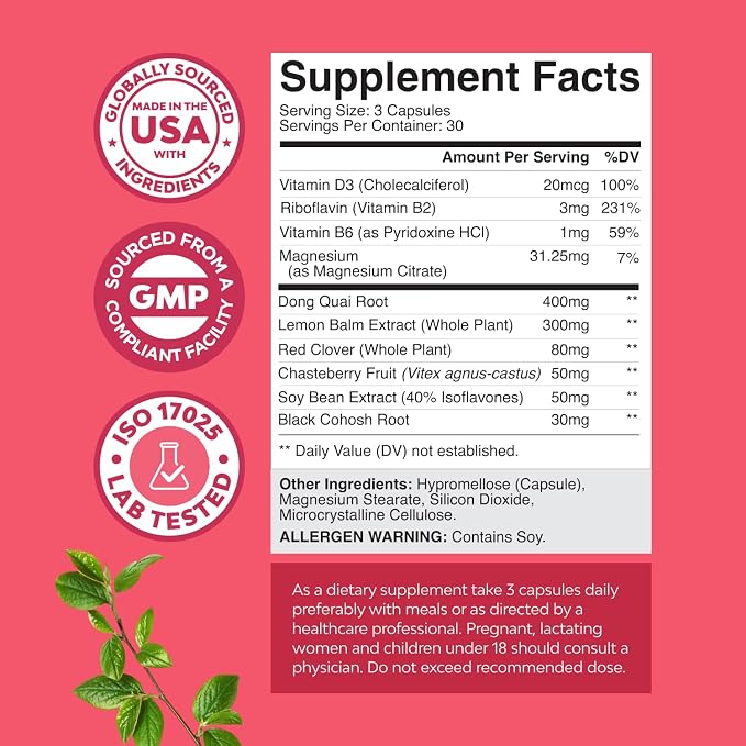 Complete Herbal Menopause Supplement for Women - Multibenefit Menopause Ease Hormone Balance for Women for Night Sweats Mood and More with Dong Quai Vitex Chaste Berry and Black Cohosh - 90 Count