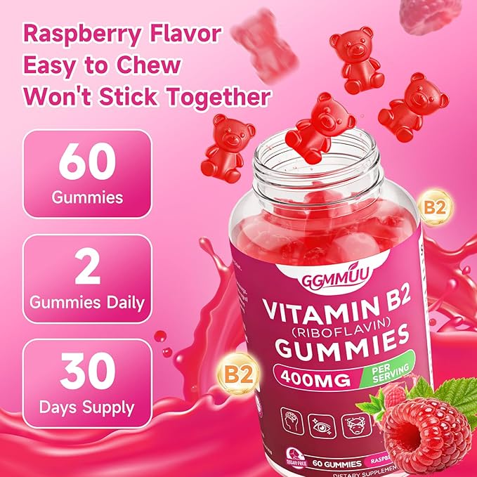 2 Pack Vitamin B2 Gummies Riboflavin 400mg Supplement with Magnesium for Kids & Adults B2 Gummies for Nervous System Support & Skin Health, Raspberry Flavor, 120 Count