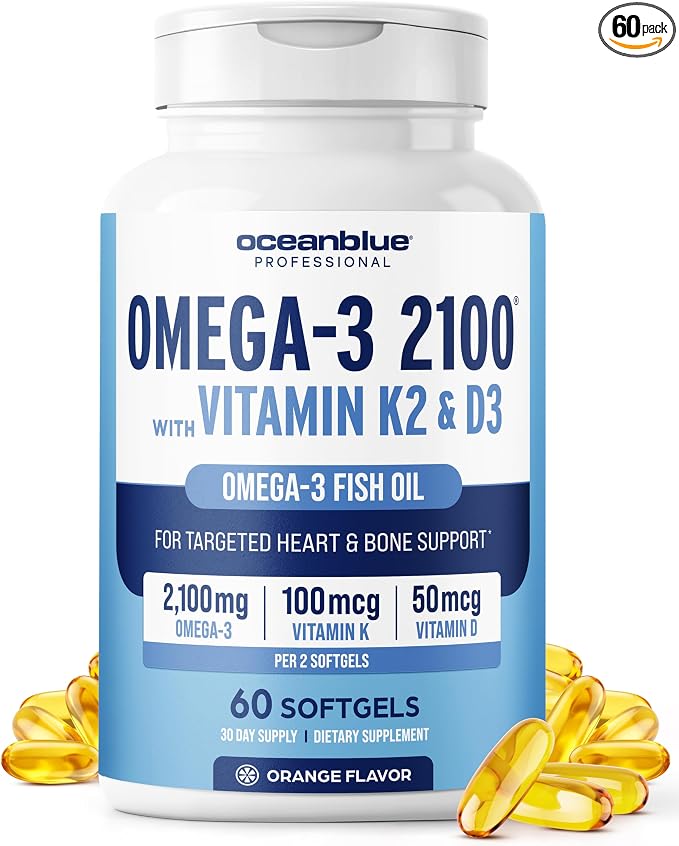 Oceanblue Professional Omega-3 2100 with Vitamin K2 and Vitamin D3-60 Count - Triple Strength Burpless Fish Oil Omega-3 Supplement with EPA, DHA & DPA - Wild Caught - Orange Flavor, 30 Servings