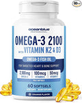 Oceanblue Professional Omega-3 2100 with Vitamin K2 and Vitamin D3-60 Count - Triple Strength Burpless Fish Oil Omega-3 Supplement with EPA, DHA & DPA - Wild Caught - Orange Flavor, 30 Servings
