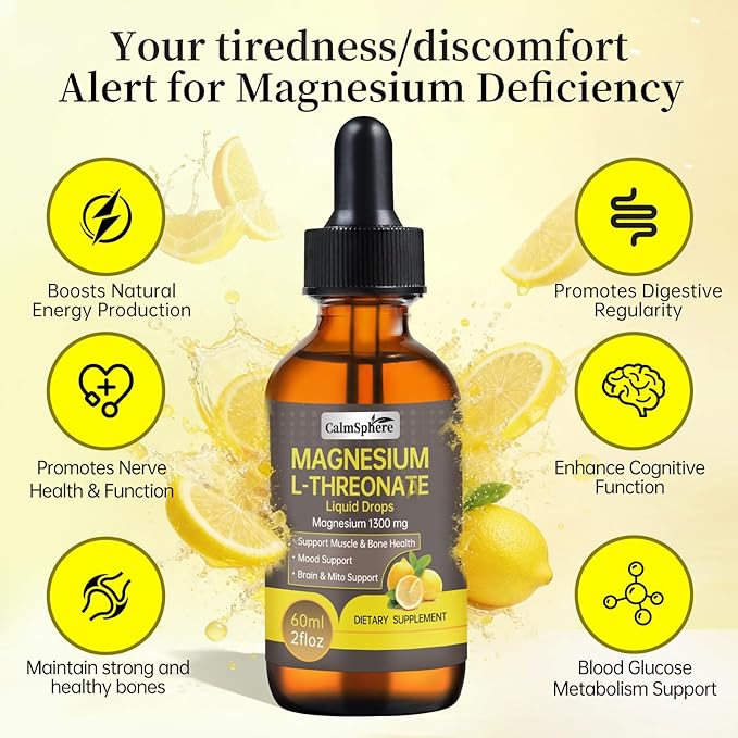 High Absorption Magnesium L-Threonate 1300mg Liquid Drops with L-Theanine&GABA,Supports Brain Function,Deep Sleep Quality&Stress Relief,Natural Lemon Flavor,Fast Acting GMP Certified,Adults & Kids