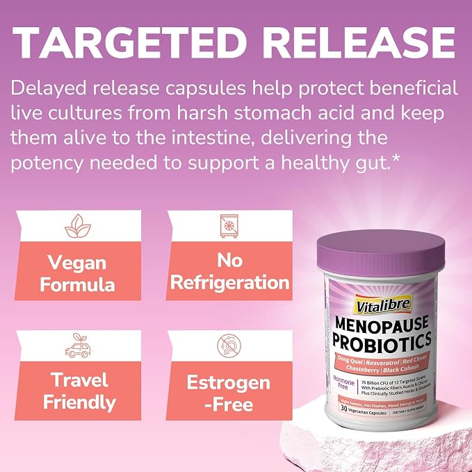 Vitalibre Menopause Probiotics for Women 70 Billion CFU, 12 Targeted Strains, Organic Prebiotics, Black Cohosh Resveratrol Red Clover Chasteberry Dong Quai, Hot Flash Night Sweat+, No Estrogen, 30 Ct