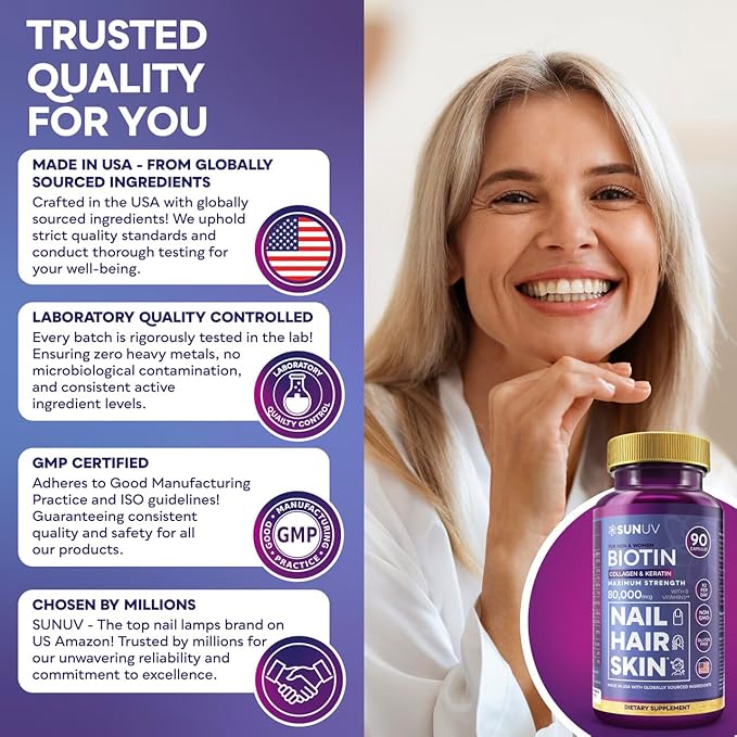 SUNUV Biotin 10,000mcg | Collagen | Keratin | Hyaluronic Acid - 80,000mcg Hair Growth Vitamins for Hair Skin & Nails Support - Women & Men - Vitamins B1,B2,B3,B5,B6,B9,B12 -Made in USA-90 Capsules