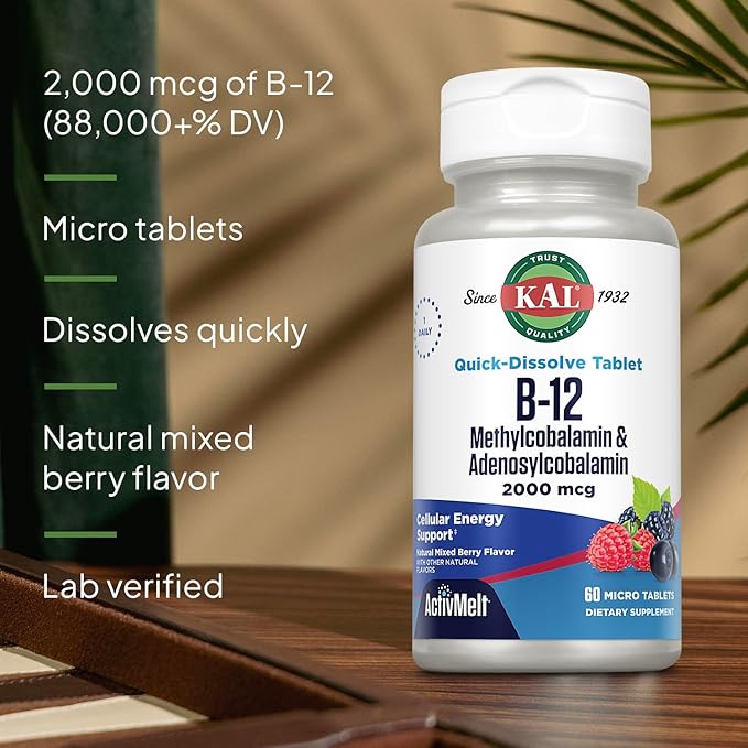KAL Vitamin B12 Methylcobalamin and Adenosylcobalamin 2000 mcg ActivMelt, B12 Energy Supplements, Metabolism, Nerve, Red Blood Cell Support, High Absorption, Natural Berry, 60 Serv, 60 Micro Tablets