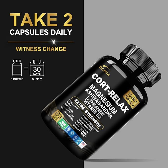 Super Calm Cortisol Supplement with Magnesium Glycinate, Ashwagandha KSM-66, L-Theanine, Phosphatidylserine, Ginkgo Biloba & Lions Mane for Calm, Focus, Mental Clarity, Relaxation, Sleep, Energy