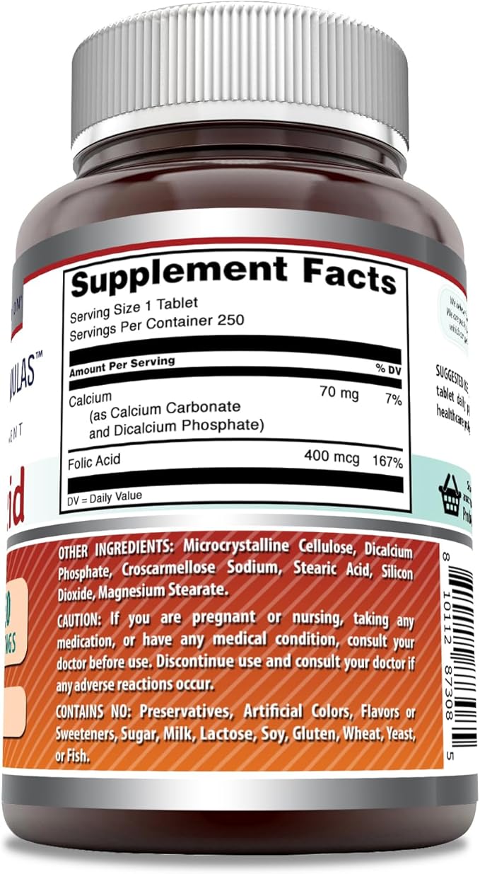 Amazing Formulas Folic Acid (Vitamin B9) 400 mcg | Tablets Supplement | Non-GMO | Gluten Free | Made in USA (1 Pack, 250 Count)