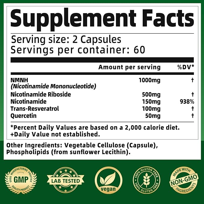 NMNH Supplement 1000mg - Nicotinamide Mononucleotide Alternative, Boost NAD+ with Liposomal Resveratrol & Nicotinamide Riboside NR, for Healthy Cellular, Aging, Energy, 120 Vegan Non-GMO Capsules