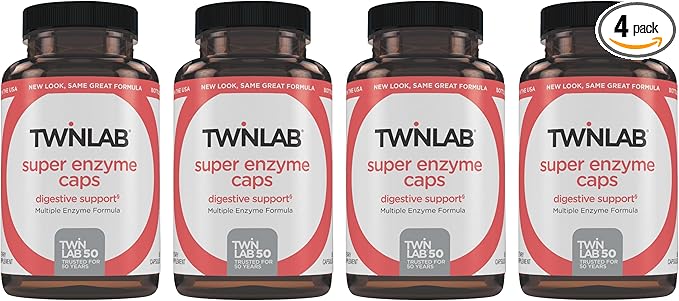 Twinlab Super Enzyme Caps - Constipation Supplement with Digestive Enzymes - 50 Capsules (Pack of 4)