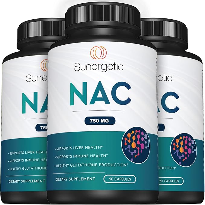 Sunergetic Premium NAC Supplement N-Acetyl Cysteine – 750mg Per Capsule – Supports Liver, Detox Immune, Cellular & Respiratory Health – 90 N Acetyl Cysteine Capsules