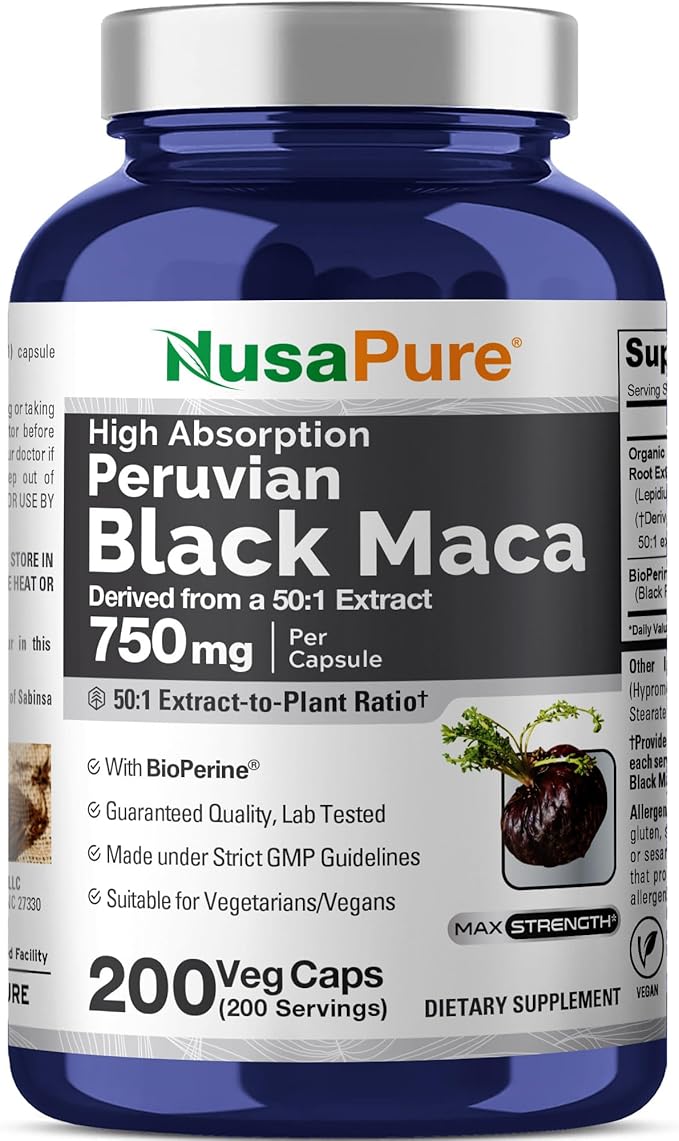NusaPure Peruvian Black Maca Root, 750 mg, 200 Veg Capsules ((Non-GMO, Vegan)