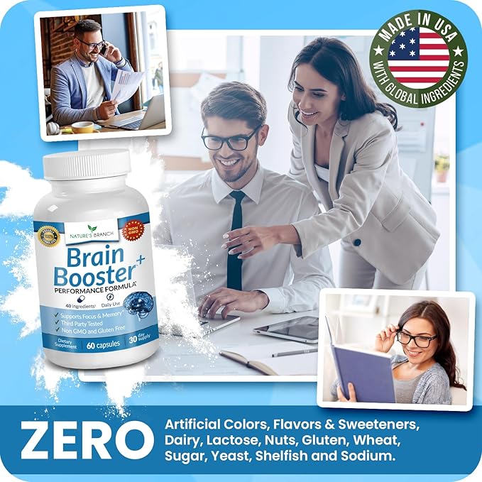 40-in-1 Brain Booster Supplement for Focus, Memory, Clarity, Energy | Advanced Vitamins Plus eBook | for Men & Women, Cognitive Function Nootropic Support with DMAE, Mind Health Formula | 60 Capsules