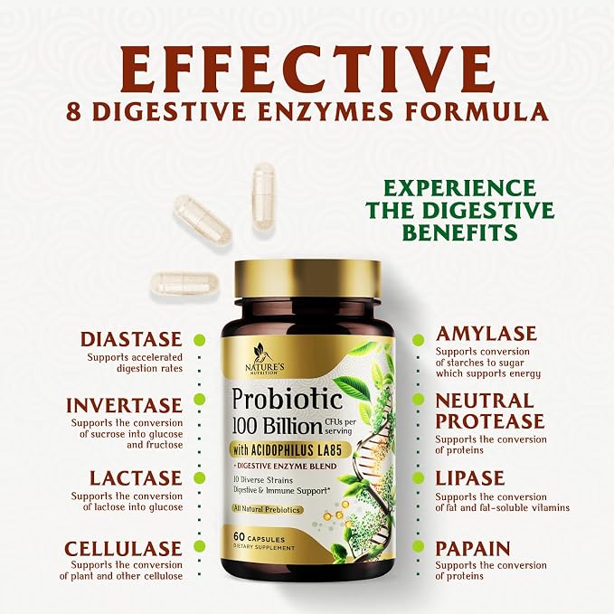 Probiotics 100 Billion CFU per Serving - 10 Strains & Prebiotics - Digestive Health, Gut & Immune Support - Supports Occasional Constipation, Gas & Bloating - Shelf Stable Bottled USA - 60 Capsules