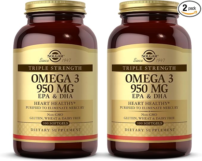 Solgar Triple Strength Omega 3 950 mg - 100 Softgels, Pack of 2 - Supports Joint & Skin Health - Non-GMO, Gluten Free, Dairy Free - 200 Total Servings