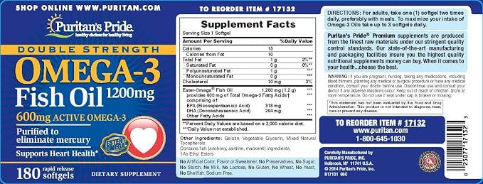 Puritan's Pride Omega-3 Fish Oil 1200 Mg, 180 Count
