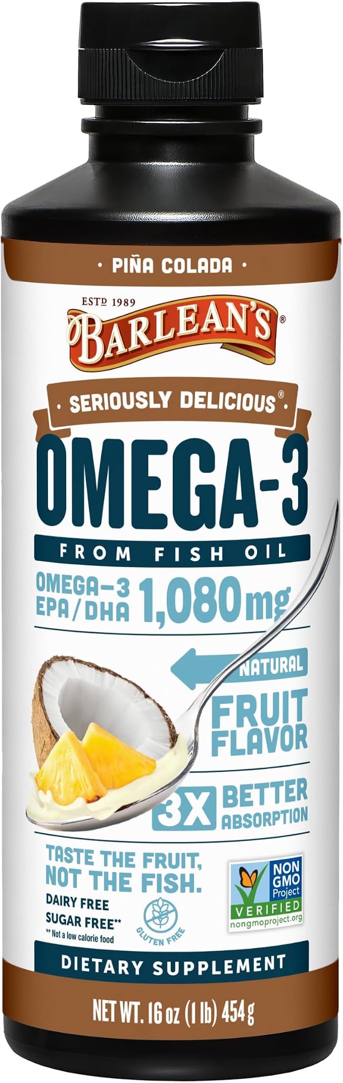 Barlean's Omega 3 Fish Oil Liquid Supplement for Men and Women, 1080mg of EPA and DHA Fatty Acid, Promotes Brain & Heart Health - Non-GMO, Pina Colada, 16 oz