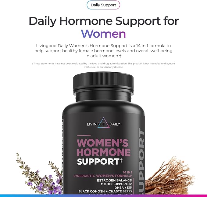 Livingood Daily Women’s Hormone Support Supplement, Estrogen Balance with Fenugreek, Black Cohosh, Chasteberry, DIM, Natural PMS & Menopause Support, Non GMO, Gluten Free, Vegetarian Capsules, 120 Ct