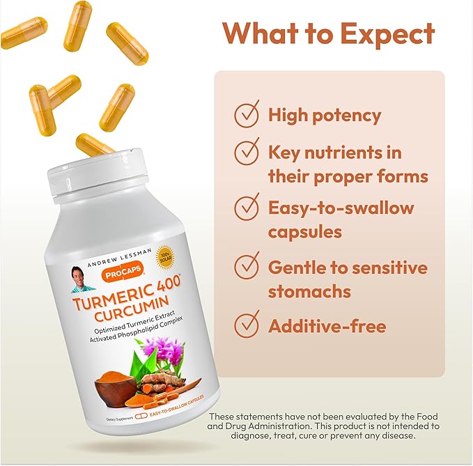 ANDREW LESSMAN Turmeric 400mg - 30 Capsules - 95% Curcuminoids as Phospholipid Complex for Optimum Benefits and Absorption, High Potency Standardized Extract, Small Easy to Swallow Capsules