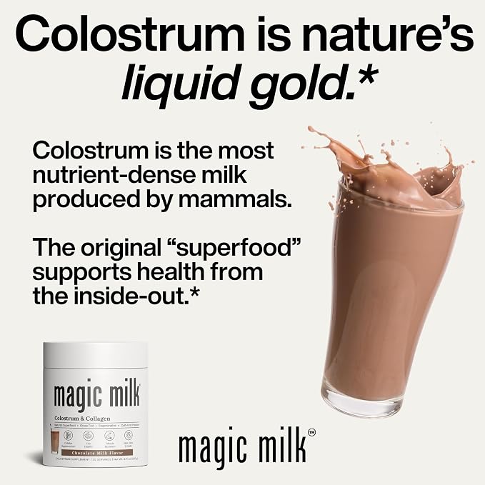 Magic Milk - New Zealand Grass-Fed Colostrum & Collagen | Supports Gut Health, Immunity, & Muscle Recovery | Bioactive Nutrients for Skin & Hair Health | Chocolate Milk Flavor | 20 Servings