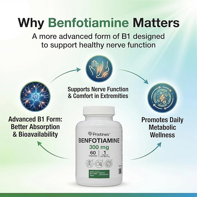 PRISTINE'S Benfotiamine 300mg High Bioavailability Nerve Support Supplement - 60 Day Supply - Fat Soluble Vitamin B1 Supplements - Vegan - Non-GMO