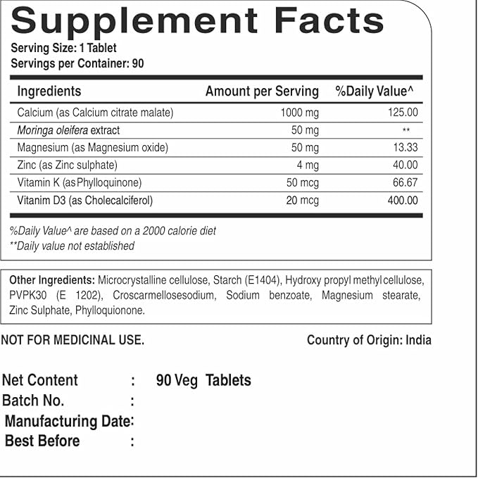 Pure Nutrition Ultra Calcium 1000mg with VIT D3 + K | 90 Tab | Calcium Supplement with Calcium Citrate Malate, VIT D3, K, Moringa Oleifera, Magnesium and Zinc.