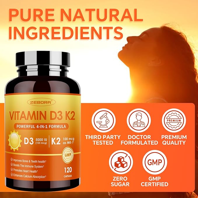 ZEBORA Vitamin D3+K2-5000 IU Vitamin D3 + 100 mcg K2 MK-7 - Maximum Absorption for Bone, Teeth, Heart & Immune Support - Easy to Swallow, Gluten-Free, 120 Capsules