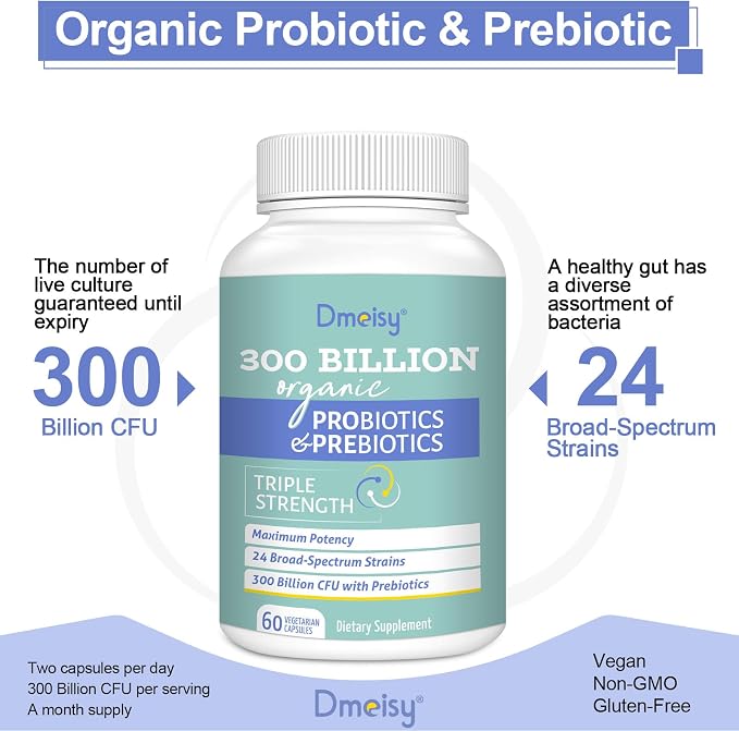 Probiotics for Women and Men, 300 Billion CFU 24 Strains Probiotics + 15 Organic Herbs Prebiotics Blend, Shelf Stable Gut Health Supplement for Digestive Immune & Whole-Body Health, 6 Month Supply