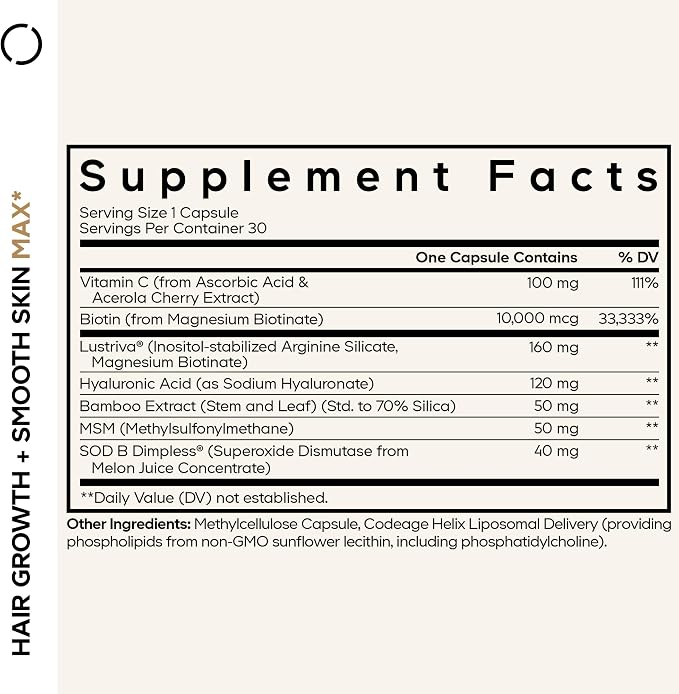 Codeage Hair Growth + Smooth Skin Max Vitamins Supplement - Patented Lustriva & SOD B Dimpless Superoxide Dismutase - Hair Growth Health Skin Cellulite Support - Biotin, Vitamin C, MSM - 30 Capsules