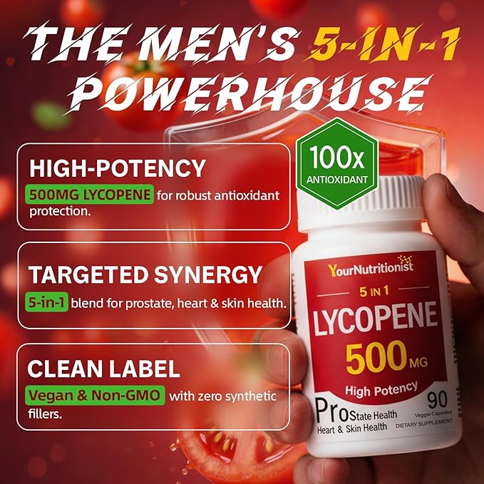 Lycopene 500MG & Prostate Supplement for Men 5-in-1 | Supports Heart & Skin Health， with Saw Palmetto Berry Extract, Pumpkin Seed Oil, Zinc & Selenium | Vegan, Non-GMO, 90 Capsules