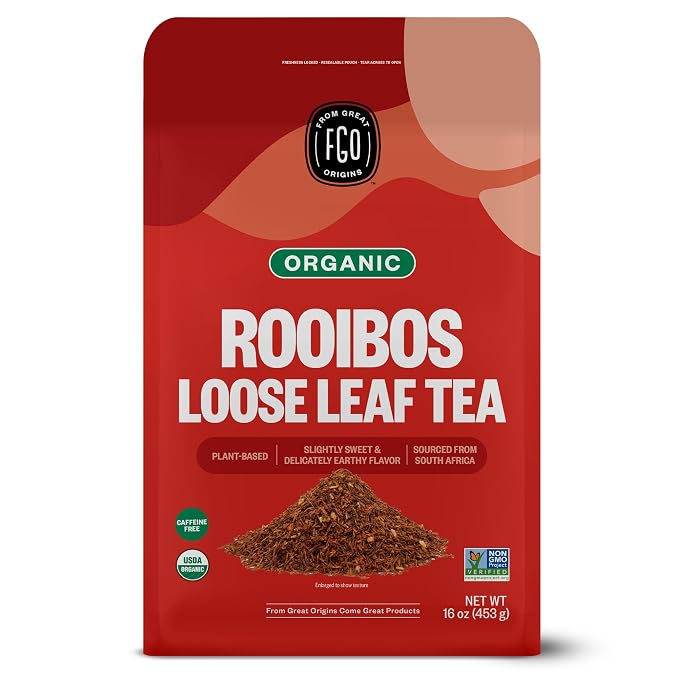 FGO Organic Rooibos Tea, 16 Ounce Loose Leaf Bulk Resealable Bag, Caffeine Free, Packaging May Vary (Pack of 1)