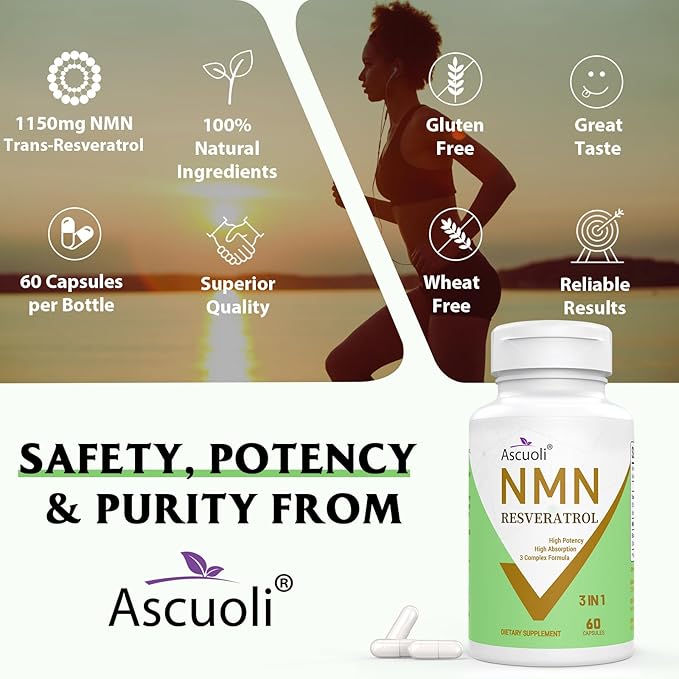 99% Ultra Purity NMN 500mg + Trans-Resveratrol 600mg, 1150mg NMN Resveratrol Supplement, 3-in-1 Advanced Formula for Boost* NAD, Cell, Immune, Energy & Muscle, Healthy Aging, Stabilized Form - 60 Caps