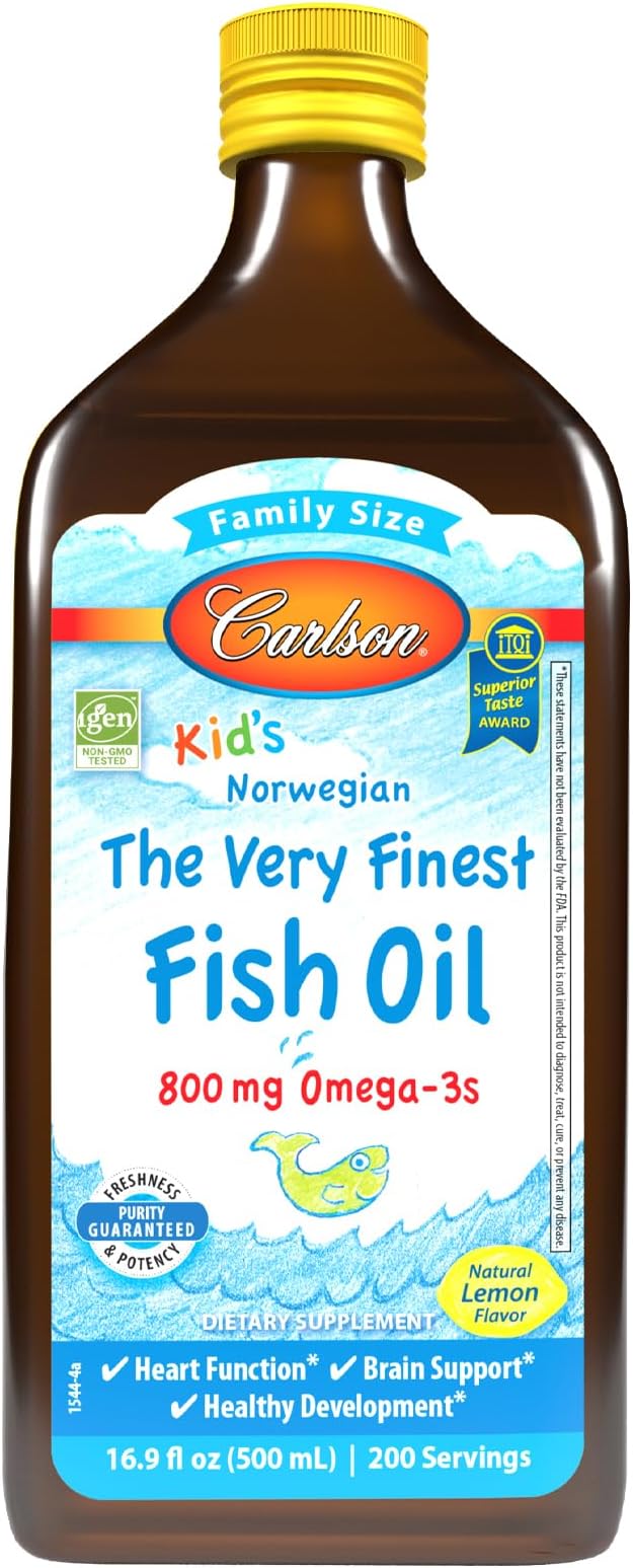 Carlson - Kid's The Very Finest Fish Oil, 800 mg Omega-3s, Liquid Fish Oil Supplement, Norwegian Fish Oil, Wild Caught, Sustainably Sourced Fish Oil Liquid, Lemon, 500 mL (16.9 Fl Oz)