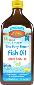Carlson - Kid's The Very Finest Fish Oil, 800 mg Omega-3s, Liquid Fish Oil Supplement, Norwegian Fish Oil, Wild Caught, Sustainably Sourced Fish Oil Liquid, Lemon, 500 mL (16.9 Fl Oz)