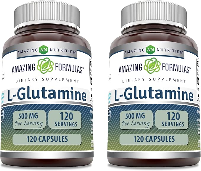 Amazing Formulas L-Glutamine 500 mg Capsules | Amino Acid Supplement | Non-GMO | Gluten Free | Made in USA (2 Pack, 120 Count)