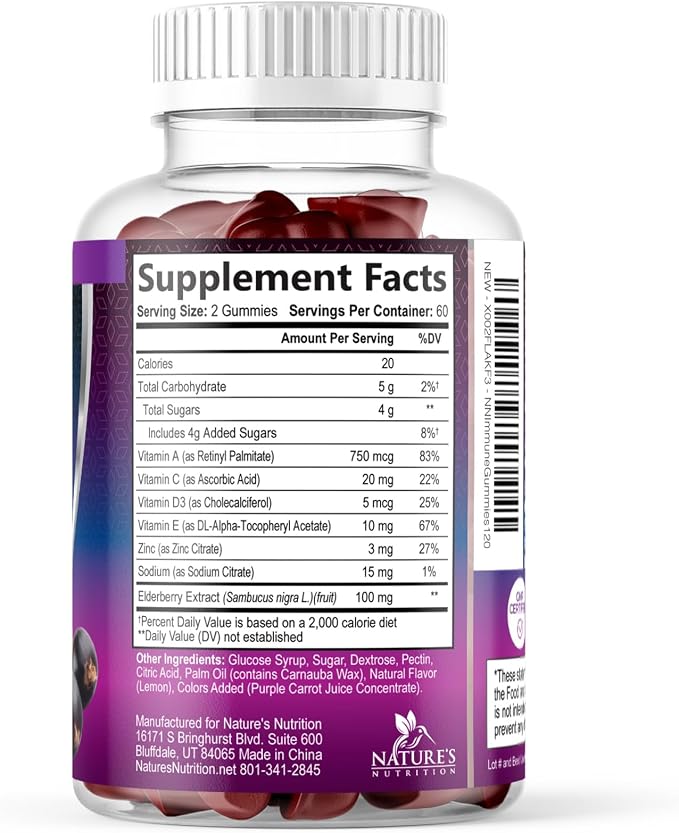 Elderberry Immune Support Gummies - 3X Strength Sambucus Elderberry Gummy with Vitamin C, D3 & Zinc - Nature’s Black Elderberry Extract - Immune Support Supplement for Adults & Kids - 120 Gummies