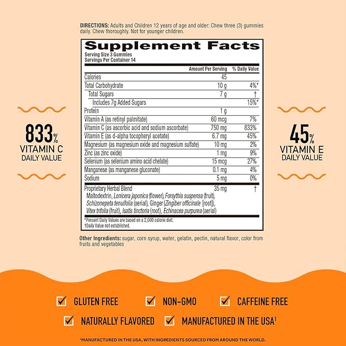 Airborne 750mg Vitamin C Immune Support Supplement Gummies for Adults, Zesty Orange Flavor, Gluten Free Crafted Blend with Powerful Antioxidants Vitamins C & E, 42 Gummies (3 Pack)