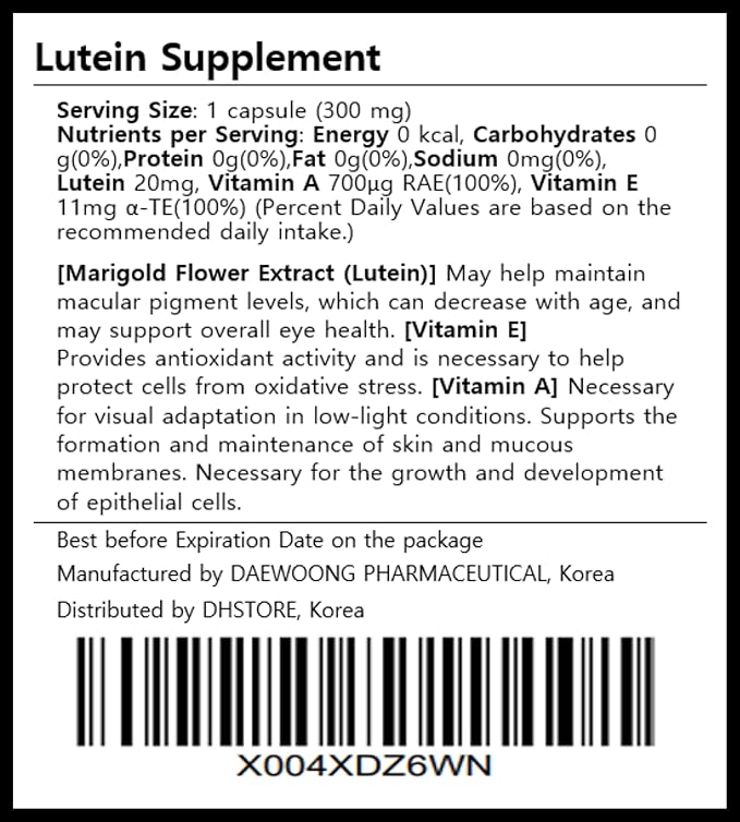 Lutein Supplement with Vitamin A & Vitamin E, Eye Wellness Support, Plant-Based Marigold Extract, Daily Softgel, 20mg Lutein Per Serving, 30-Day Supply, Made in Korea