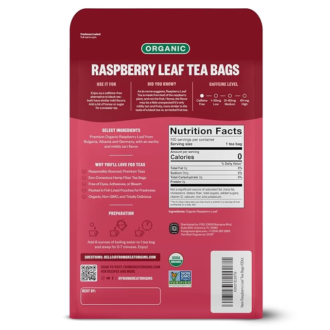 FGO Organic Red Raspberry Leaf Tea Bags, 100 Eco-Conscious Tea Bags, Caffeine Free, Imported from Germany, Reseable Bag, Packaging May Vary (Pack of 1)